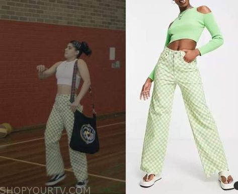 Heartbreak High: Season 1 Episode 2 Amerie's Green/White Checkered Jeans Green And White Checkered Pants, Amerie Wadia Outfits, Heartbreak High School Outfits, Harper Heartbreak High Outfits, Amerie Wadia, Checkered Jeans, Heartbreak High, High Clothes, Sixth Form