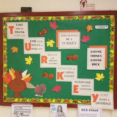 November bulletin board- nurse's office- "Don't Be A Turkey" November Bulletin Board Ideas, Thanksgiving Bulletin Board Ideas, Butterfly Bulletin Board, Office Bulletin Board Ideas, November Bulletin Board, Pta Bulletin Boards, Nurse Bulletin Board, Thanksgiving Bulletin Board, School Nurse Office Decorations