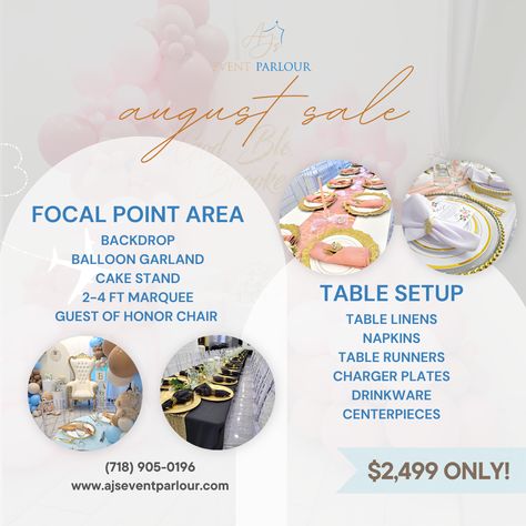 Host your dream intimate event in style for just $2499! 🎈 Our Exclusive Promo Package includes everything you need for a picture-perfect event: 1️⃣ Focal Point Area ✨ Stunning Backdrop 🎈 Gorgeous Balloon Garland 🍰 Elegant Cake Stand 🎪 2-4 ft Marquee 👑 Guest of Honor Chair 2️⃣ Table Setup 🍽️ Luxurious Table Linens 🌺 Chic Napkins 🏃‍♀️ Gorgeous Table Runners 🍽️ Elegant Charger Plates 🥂 Premium Drinkware 💐 Captivating Centerpieces ☎️ (718) 905-0196 🌐 ajseventparlour.com Guest Of Honor Chair, Event Space Business, Promo Package, Event Planner Branding, Elegant Cake Stands, Event Space Design, Event Planning Branding, Rental Ideas, Elegant Cake