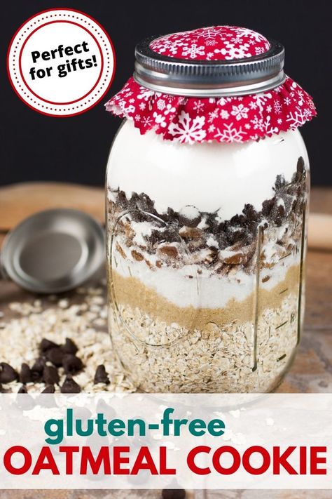 These gluten-free oatmeal cookies are great to make for yourself or layer in a jar for gifts! Cookies In A Jar Recipe, Cookie Mix In A Jar, Homemade Oatmeal Cookies, Cookies In A Jar, Gluten Free Oatmeal Cookies, Mix In A Jar, Mason Jar Cookies, Chocolate Chip Cookie Mix, Homemade Oatmeal