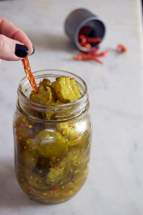 The super easy trick to making crunch, delicious, hot and sweet pickles. Habanero Pickles Recipe, Hot Refrigerator Pickles, Hot And Sweet Pickles, Wickles Pickles Copycat Recipe, Sweet And Hot Pickles, Hot Pickles Recipe, Wickles Pickles Recipe, Sweet And Spicy Pickles, Sweet Hot Pickles