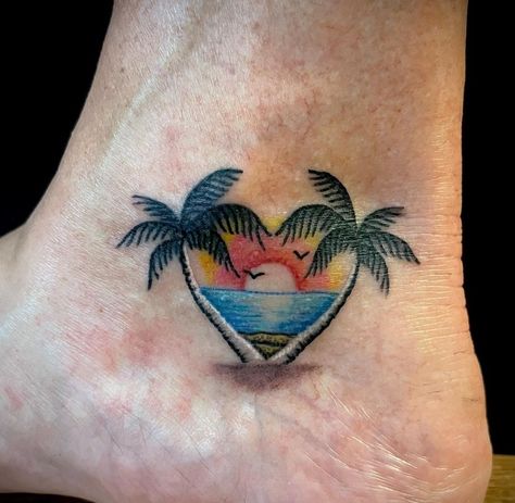 Beach Sunset Tattoos For Women, Beach Themes Tattoos, Hawaii Symbols Tattoo Ideas, Bahama Tattoo Ideas, Island Life Tattoo, Beach Lover Tattoos For Women, Beach Heart Tattoo, Palm Tree Heart Tattoo, Beach Memorial Tattoo