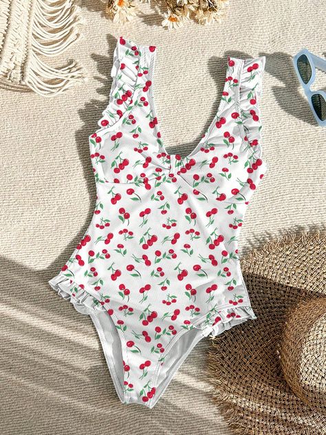 SHEIN Swim Vcay V-Neck Fruit Printed Swimwear With Ruffles For Summer BeachI discovered amazing products on SHEIN.com, come check them out! Ella Jane, Bow Swimsuit, Cute Swimwear, Swimming Costumes, Vegetable Plants, Fruit Print, Planting Vegetables, Swimsuits Halter, Beachwear For Women