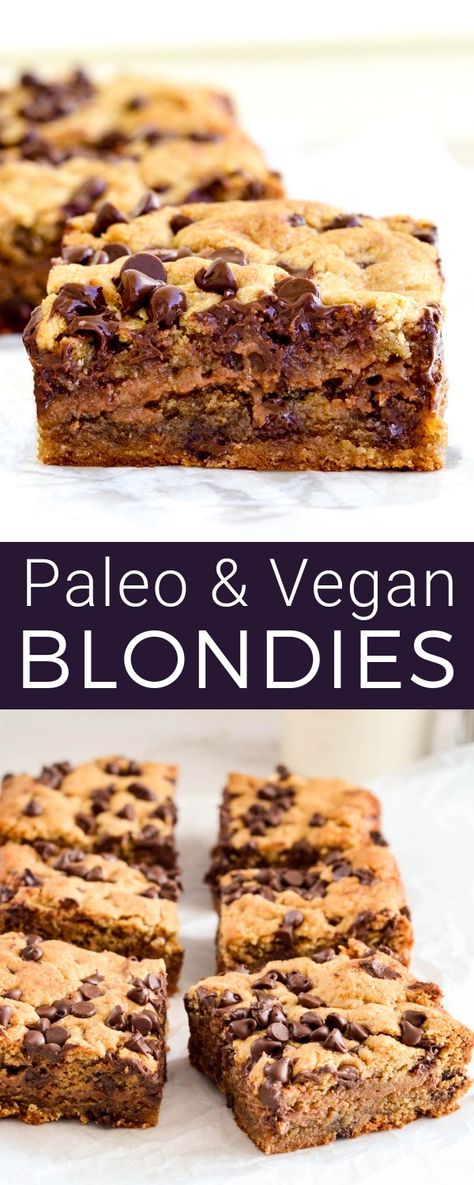 Vegan Chocolate Stuffed Paleo Blondies are an easy, healthy dessert that's ready in 30 minutes! Gluten-free, dairy-free & refined sugar free! #paleoblondies #paleo #blondies #healthy #recipe #glutenfree #grainfree #vegan #dairyfree Paleo Blondies, Blondies Healthy, Vegan Blondies, Easy Healthy Dessert, Whole 30 Dessert, Paleo Cookies, Paleo Recipes Dessert, Paleo Baking, Vegan Cakes