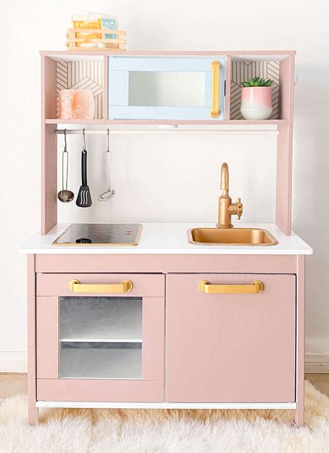 Mid Century Modern Ikea, Ikea Duktig Hack, Ikea Kids Kitchen Hack, Pink Play Kitchen, Kitchen Hack Decor, Pink Playroom, Ikea Play Kitchen Hack, Ikea Kids Kitchen, Kitchen Hacks Diy