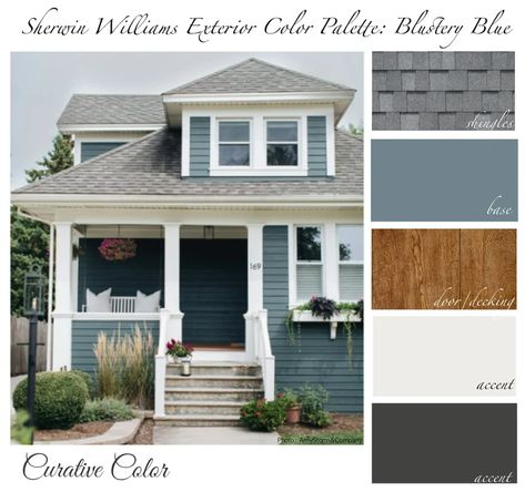 Blustery Blue SHERWIN WILLIAMS Exterior Color Palette - Etsy Turquoise Siding Exterior, Gray Blue Home Exterior, Moody Blue Sherwin Williams Exterior, Blue Green Grey Exterior House Colors, Blustery Blue Sherwin Williams Exterior, Sw Blustery Sky Exterior, Blue And White Exterior House Colors, Blue House Cream Trim, Blue Gray House Exterior White Trim