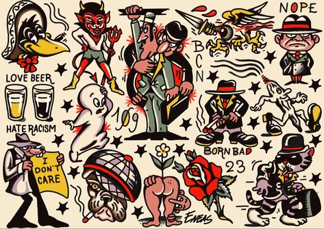 Rubber Hose Tattoo Flash, American Traditional Small Flash, Cartoon Flash Sheet, Classic Traditional Tattoos, Traditional Cartoon Tattoo, America Traditional Tattoo, Small Traditional Flash, Traditional Tattoos Unique, Old Cartoon Tattoos