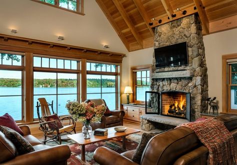 By the Water: Maine Lake House | New England Living Lake House Living Room, Rustic Lake Houses, Lake House Interior, Maine Cottage, Lakeside Cottage, Lake House Plans, Cabin Interiors, Lake Living, Lake Cottage