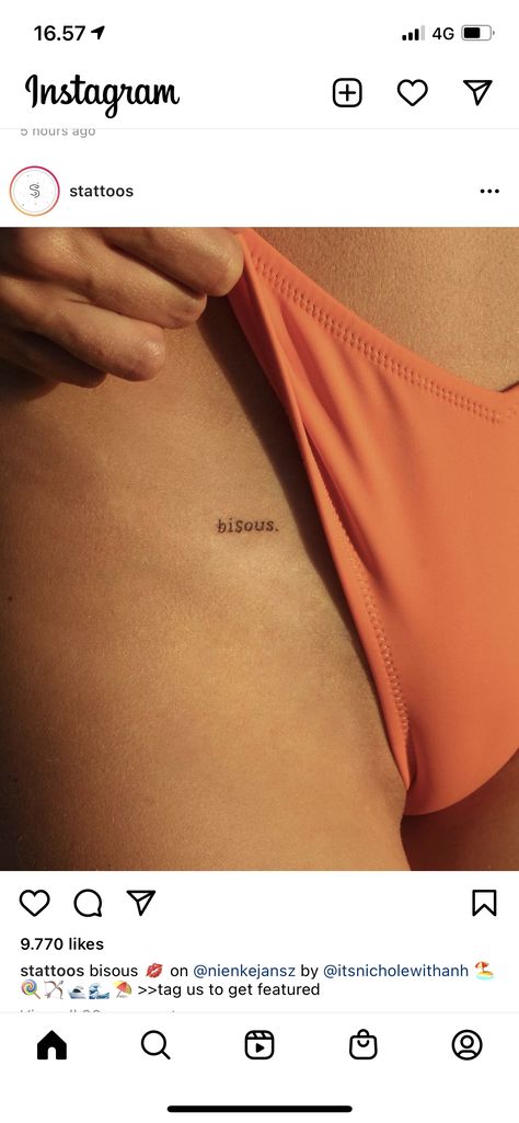 Intimate Tattoos For Women Hip, Pelvic Tattoo Women, Pant Line Tattoo, Hip Word Tattoo, Hip Tattoos Women Small Quotes, Fine Line Tattoo Hip, Small Pelvic Tattoos Women, Little Word Tattoos, Low Waist Tattoo