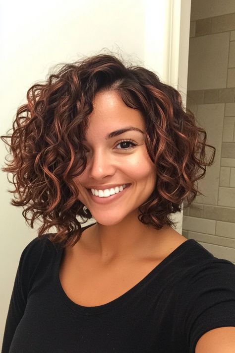 15. Angled Bob with Dark Brunette Base and Strawberry Blonde Ends (Curly Hairstyles For Women Over 40) - Curly Hairstyles For Women Over 40 Unique Curly Hairstyles, Curly Lob Haircut, Long Curly Layers, Curly Angled Bobs, Medium Curly Haircuts, Blonde Ends, Older Women's Hairstyles, Curly Lob, Medium Length Curly Hair