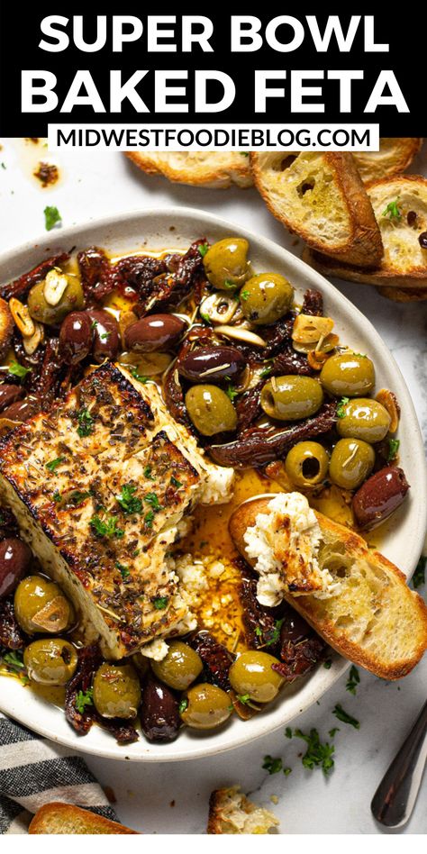 Baked Feta Appetizer, Baked Feta With Olives, Crispy Crostini, Feta With Olives, Feta Appetizer, Baked Feta Recipe, Feta Recipe, Homemade Jerky, Baked Feta