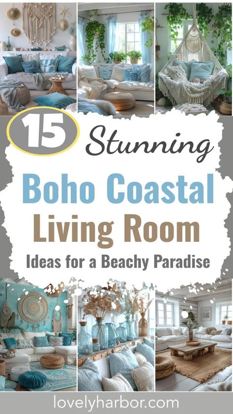 15 Stunning Boho Coastal Living Room Ideas for a Beachy Home 2 Boho Shell Decor, French Beach Cottage Decor, Boho Ocean Decor, Beach House Decor Colorful, Simple Coastal Living Room, Small Lake Cottage Interiors Living Room, Beach House Interior Design Boho, Ocean Inspired Interior Design, Beach Boho Interior Design