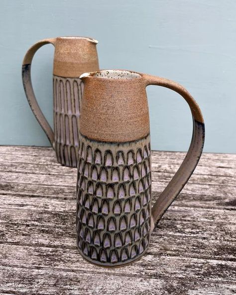 Kate Garwood on Instagram: "A couple of stoneware jugs in Lavender blue with carved patterns #pottery #ceramics #stoneware #wheelthrown #jug #pitcher #instapottery #studiopottery #contemporaryceramics #potteryofinstagram #lavendar #shiplake #oxfordshire #henleyonthames" Ceramic Water Pitcher, Ceramic Pitchers, Pitchers Pottery, Henley On Thames, Ceramic Jug, Pottery Pitcher, Pottery Crafts, Water Pitcher, Water Pitchers