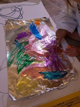 Foil Transfer Art : 6 Steps (with Pictures) - Instructables Reggio Provocations, Easel Ideas, Waldorf Classroom, Acrylic Easel, Tin Foil Art, Purple Fish, Reggio Classroom, Career Ideas, Classroom Layout