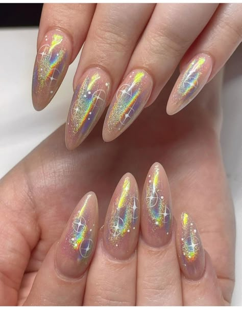 Nail Design Holographic, Current Nail Trends 2023 Summer Almond, Acrylic Nail French Tip, Acrylic Nail French, French Tip Nails Simple, Simple Nails Cute, Current Nail Trends 2023, Nail French Tip, Magical Nails