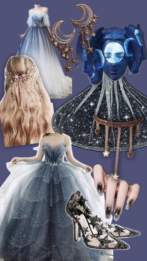 With the silhouette of a princess ball gown, this dress clearly resembles the night sky. The layers of tulle in the skirt create clouds of dark blue, gray, and white, and hand embroidered beneath the surface are hundreds of swirling stars that move around around to form different constellations. The mask is not a mask at all, but face paint to create the full moon. Over the course of the evening the moon wanes, until it completely disappears as a new moon at the end of the night, revealing the person underneath. Mask Masquerade, Theme Dress, Princess Ball Gowns, The Full Moon, Beneath The Surface, Space Theme, New Moon, A Princess, A Mask