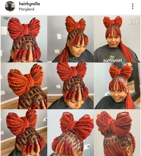 IG: @hairbyrelle Loc Bow Hairstyle, Loc Bow Styles, Locs Bow Hairstyle, Natural Hair Salon, Dreads Styles For Women, Natural Hair Remedies, Booking Available, Sunset Hair, Locs Styles