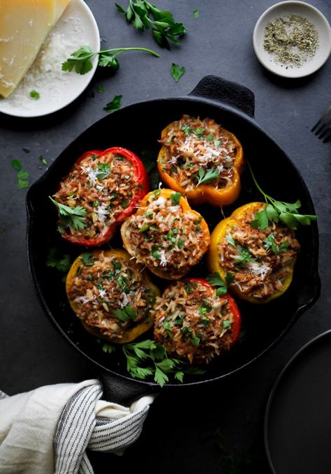 Stuffed Peppers With Beef And Rice Stuffed Pepper Recipes Beef And Rice, Crunchy Garlic, Stuffed Peppers Beef, Stuffed Peppers With Rice, Mediterranean Diet Recipes Dinners, Cheese And Tomato, Beef Rice, Lemon Basil, Beef And Pork