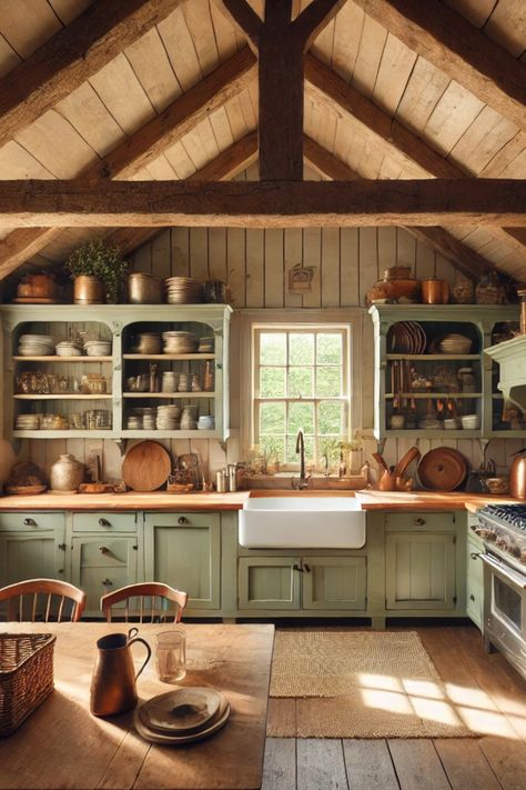 Vintage Kitchen Island With Sink, Cooper Farmhouse Sink, Farmhouse Sink Green Cabinets, 1900 Farmhouse Kitchen, Vintage Farm Kitchen, 1800s Farmhouse Kitchen, Barn Kitchen Farmhouse Style, 1830s Farmhouse, Country Vintage Kitchen