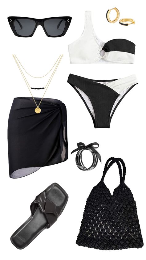 Black And White Beach Outfits, Bride Beach Outfit, After Beach Outfit, Swimsuit Classy, Beach Outfit Black, Classy Beach Outfit, White Beach Outfit, Classy Swimsuit, Black And Gold Jewelry