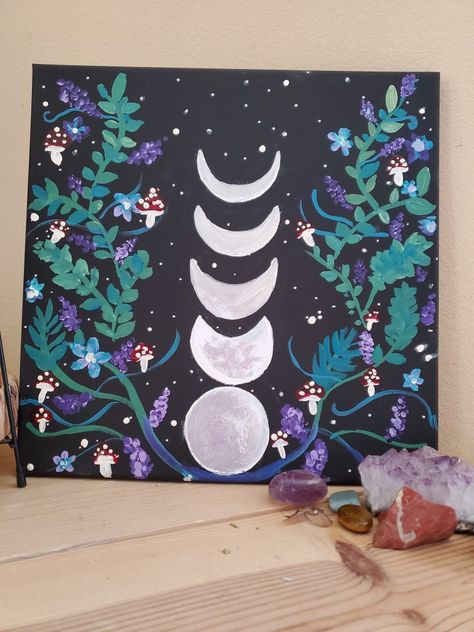 Witchy Mixed Media Art, Painting Ideas Witchy, Pagan Paintings, Easy Witchy Paintings, Witchy Acrylic Painting, Goth Painting Ideas, Gothic Painting Ideas, Witchy Painting Ideas, Witchy Painting