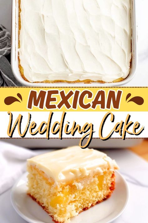 Mexican wedding cake is a moist, pineapple-infused sponge topped with rich cream cheese frosting. It's perfectly sweet and deliciously nutty. Mexican Pineapple Cake, Brazilian Cake, Mexican Pineapple, Mexican Wedding Cake Recipe, Mexican Cakes, Saturday Baking, Mexican Dinners, Mexican Wedding Cake, Mexican Cake