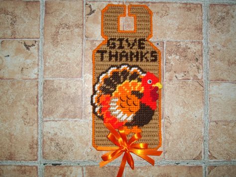 Give Thanks Turkey Doorknob Hanger by cecrafts on Etsy Canvas Door, Canvas Door Hanger, Thanksgiving Crafts Diy, Sew Patterns, Doorknob Hangers, Halloween Door Hangers, Plastic Canvas Patterns Free, Crafts To Make And Sell, Fall Projects