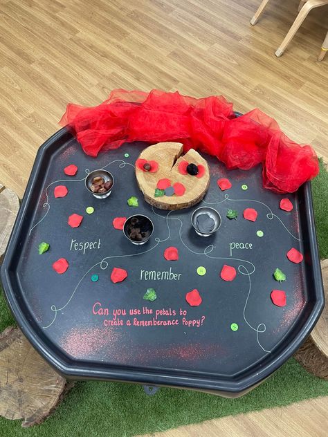 Rememberance Day Tuff Trays, Remembrance Day Tuff Tray Ideas, Remembrance Tuff Tray Ideas, Poppy Tuff Tray Ideas, Remembrance Day Tuff Tray, Remembrance Day Eyfs, Remembrance Day Activities For Toddlers, Poppy Day Activities Eyfs, Baby Art Activities