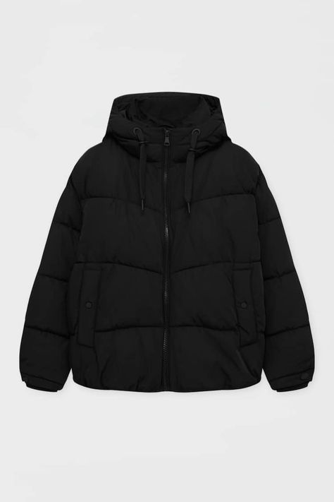 Black Hooded Puffer Jacket, Cheap Puffer Jacket, Hoodless Jacket, Pull And Bear Jacket, Black Dress Winter, Bear Coat, Mode Zara, Cropped Puffer Jacket, Stylish Hoodies