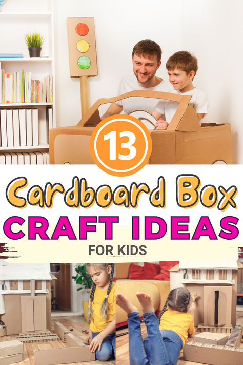 List of amazing cardboard box craft ideas for kids of all the ages. There are plenty of simple crafts and STEM activities to enjoy.  #cardboardboxcrafts #craftsforkids Big Cardboard Box Ideas For Kids, Cardboard Box Houses For Kids, Cardboard Box Crafts Easy, Cardboard Box Ideas For Kids, Cardboard Box Crafts For Kids, Easy Cardboard Crafts, Cardboard Box Fort, Box Crafts For Kids, Cardboard Boxes Kids