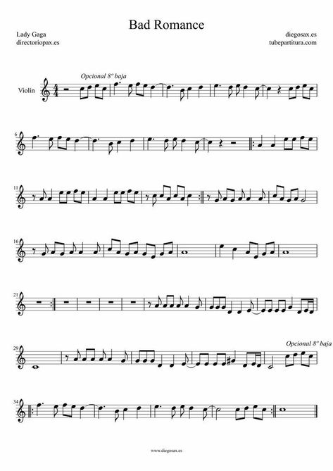 Bad Romance Piano, Sheet Music Popular Songs, Violin Sheet Music Popular Songs, Oboe Music, Easy Violin Sheet Music, Bad Romance Lady Gaga, Free Violin Sheet Music, Cello Sheet Music, Trumpet Sheet Music