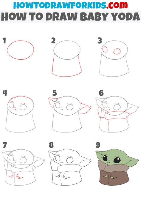 Yoda Drawing, Disney Drawing Tutorial, Easy Disney Drawings, Drawing Lessons For Kids, Stitch Drawing, Drawing Tutorials For Kids, Baby Drawing, Pola Sulam, Easy Doodle Art