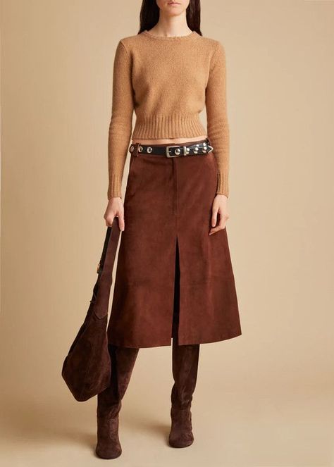 Click for more info about The Charlene Skirt in Classic Brown Suede Suede Skirt Outfit Fall, Suede Skirt Outfit, Skirt Outfit Fall, Fishermans Rib, Brown Suede Skirt, Wardrobe Consultant, Long Denim Skirt, Cropped Pullover, Pre Fall Collection