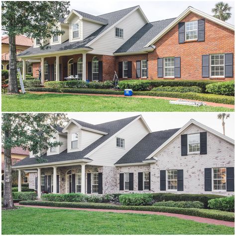 How to Limewash a Brick House in Two Days by Artistic Finishes of North Florida.  Photos: Cristina Danielle Photography  #diy #limewash #diylimewash #diybricklimewash #bricklimewash Brick Cape Cod Exterior Makeover, Brick Limewash, Limewash Brick Exterior, Limewashed Brick, Brick Exterior Makeover, Limewash Brick, Brick Staining, Whitewashed Brick, Lime Wash Brick