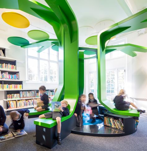 From a story garden in Cornwall to hexagonal towers in Los Angeles, we look at inventive spaces designed to get children excited about books School Library Design, Bibliotheque Design, Kindergarten Design, Childrens Library, School Interior, Library Furniture, Kids Library, Modern Library, Design Line