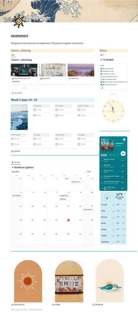 Check out this aesthetic, beachy notion dashboard for all your common needs. Weekly planner and ideas included, and more pages can be added -- lots of different color tones to play with! #notion#aesthetic#summer#planner Summer Notion Template, Notion Asthetic Ideas, Canvas Dashboard Aesthetic, Summer Notion, Notion Weekly Planner, Notion Inspiration, Notion Board, Aesthetic Beachy, Notion Inspo