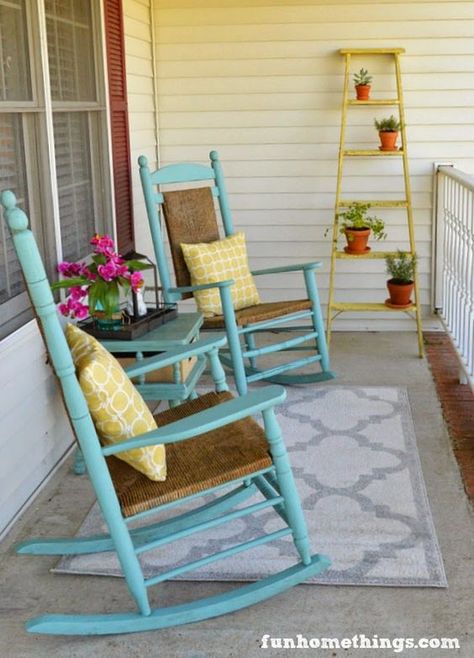 Fun front porch makeover for Spring: Small Front Porch Seating, Farmhouse Front Porches Decorations, Front Porch Seating Ideas, Farmhouse Front Porch Decorating, Front Porch Seating, Small Porch Decorating, Front Porch Makeover, Rocking Chair Porch, Building A Porch