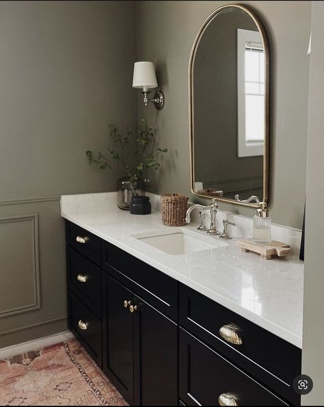 Dark Cabinets Bathroom, Painting Rooms, Taupe Bathroom, Black Cabinets Bathroom, Moody Bathroom, Mini Gallery, Painting Bathroom Cabinets, Instagram Bathroom, Taupe Walls