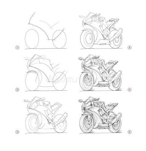 Motorcycle Drawing Step By Step, Drawing Of A Motorcycle, Bike Sketch Pencil, Motorcycle Drawing Tutorial, How To Draw Motorbike, Car Sketch Step By Step, Car Drawing Sketches Step By Step, Drawing Of Motorcycle, Drawing A Motorcycle