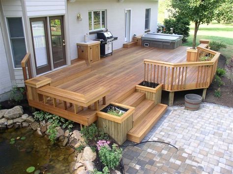 2 Decks Backyard, Ranch Style Deck Ideas, Backyard Raised Deck, No Railing Deck Ideas, Small Decks And Patios Seating Areas, Backyard Small Deck Ideas, Back Deck With Hot Tub, Wooden Patio, Deck Design Ideas