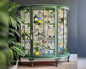 PercyandAlbert - Etsy Christian Lacroix Wallpaper, Cabinet Upcycle, Gin Cabinet, Gold Birds, Painted Trays, Cocktail Cabinet, Drinks Cabinet, Floral Backdrop, Fusion Mineral Paint