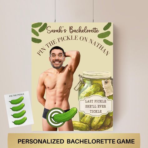 *Details:* Planning a last minute party? More of a DIY type of gal?  Our printable personalized Pin the Pickle on (groom's name) Bachelorette game is sure to add a special and hilarious touch to your Pickle themed Bach party! Simply purchase your DIY game and send us a message via etsy messenger with the photo (and name) you wish to use! We will have your custom file sent back to you within one business day! Print, Cut your shapes out, hang your poster, take a drink and let the games begin!! Fil Cucumber Game Bachelorette, Last Pickle She'll Ever Tickle, Silly Bachelorette Themes, Irish Bachelorette Party, Pickle Themed Bachelorette Party, Pickle Party Ideas, Bachelorette Party Crafts Activities, Pickle Bachelorette Party, Golf Themed Bachelorette Party