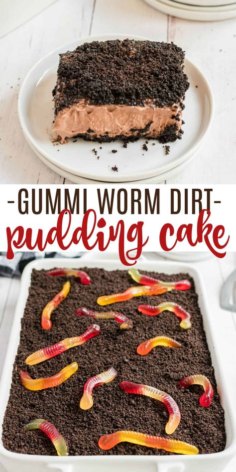 Dirt Cake Dessert - A whipped cream pudding cake topped with crushed Oreos and gummy worms. This easy no bake dessert is a kid favorite! Dirt Worm Pudding, Chocolate Dirt Cake, Dirt Dessert Recipe, Dirt Pudding Recipes, Worm Cake, Dirt Cake Recipe, Easter Dirt Cake, Oreo Dirt Cake, Dirt Dessert