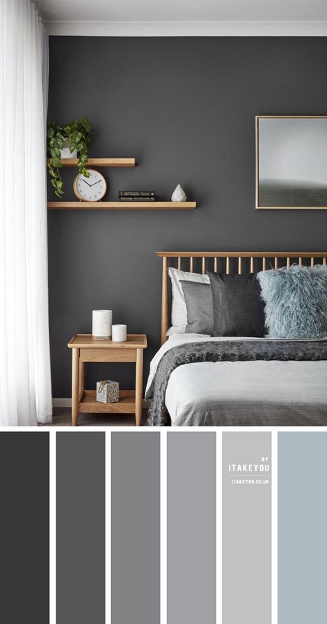 Blue grey home color decor idea { 15 House Color Palette Ideas } I Take You | Wedding Readings | Wedding Ideas | Wedding Dresses | Wedding Theme Muffins Illustration, Bedroom Color Schemes Grey, Relaxing Bedroom Colors, Grey Colour Scheme Bedroom, Warm Bedroom Colors, Grey Bedroom Colors, Grey Bedroom Decor, Luxury Room, Minimalist Bedroom Design