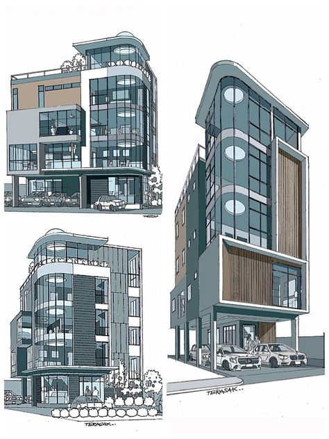 Unique Apartment Building, Apartment Concept Architecture, 2 Storey Residential Floor Plan, Commercial Building Exterior, Architecture Model Building, Bathroom Objects, Place Aesthetic, Building Front Designs, Building Design Plan