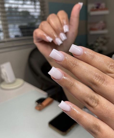 Short Plane Acrylic Nails, Milk White Short Nails, Short White Pink Nails, Bank Teller Nails, Basic Short Acrylic Nails, Short Basic Nails, Polygel Nails Design, Acrylic Overlay Nails, Acrylic Toe Nails