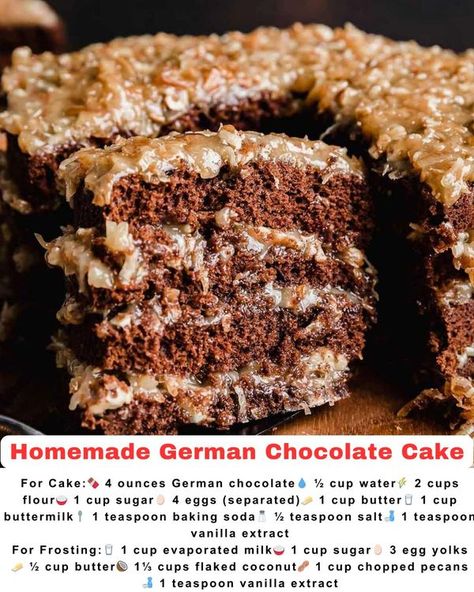 Recipestep - Homemade German Chocolate Cake Ingredients... Original German Chocolate Cake Recipe, Pole Cake, Ingredients For Cake, Homemade German Chocolate Cake, Buttermilk Chocolate Cake, Bakery Style Cake, Bake Ideas, German Chocolate Cake Recipe, Caramel Cake Recipe