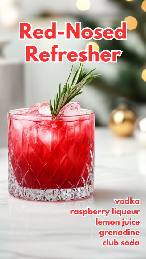 Red-Nosed Refresher Sparkling Vodka Cocktails, Drinks With Grenadine Cocktails, Grenadine Recipe Cocktails, Raspberry Liqueur Cocktails, Raspberry Vodka Cocktails, Red Alcoholic Drinks, Club Soda Cocktails, Christmas Vodka Cocktails, Bday Drinks