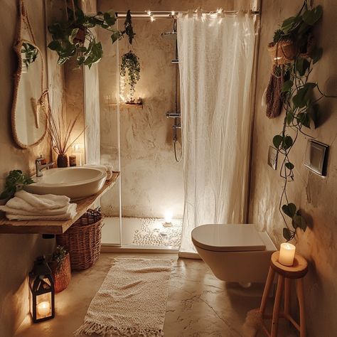 Cottagecore Shower Aesthetic, Rainfall Shower Aesthetic, Spa Shower Curtain Ideas, Shower Rooms Walk In, Cosy Bathroom Ideas Small Spaces, Cozy Shower Ideas, Neutral Spa Bathroom, Bathroom Windowless, Warm Cozy Bathroom