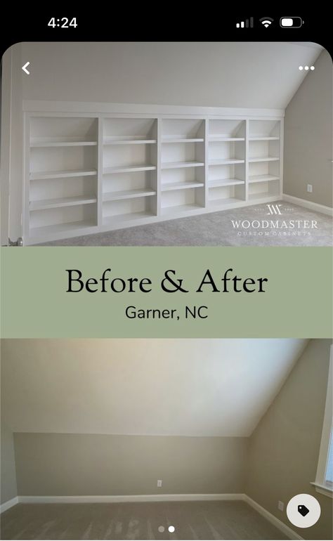 Bookshelves Attic Built Ins, Built In Bookshelf Sloped Ceiling, Built In Shelves Under Eaves, Built In Shelves Knee Wall, Built In Knee Wall Storage, Attic Bookshelf Wall, Cape Cod Built Ins, Built In Shelves On Slanted Wall, Short Built In Bookcase